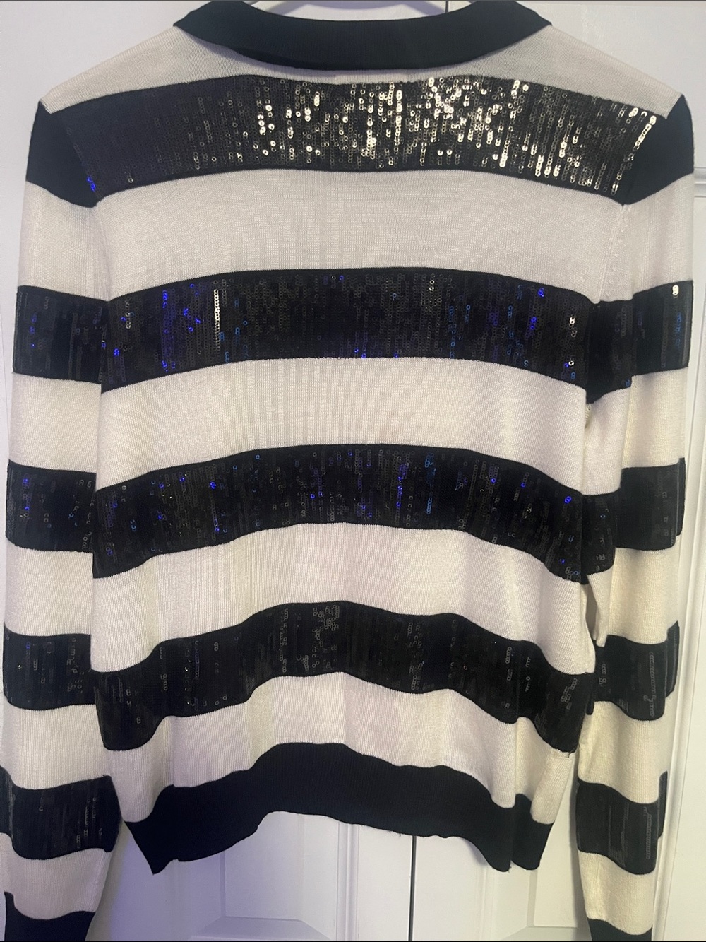 Maison Jules Black and White Striped Sequin Collar Sweater Size Medium NWT - Picture 3 of 3